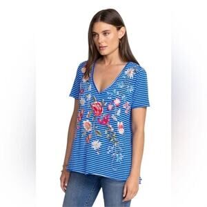Johnny Was Catalina Everyday Tee Blue Stripe Floral Embroidered Size Small